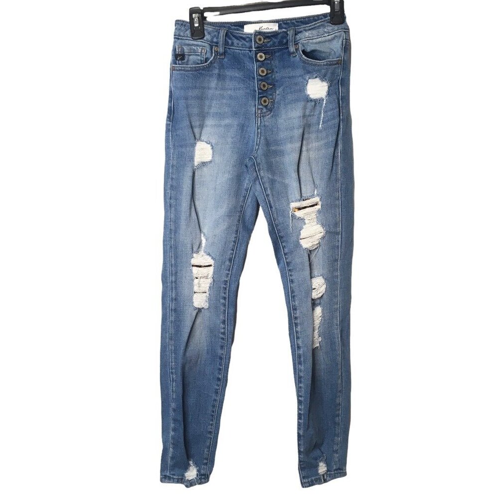 Kancan Skinny Jeans Blue Stretch Button Fly Distressed Denim Junior Size 1/24